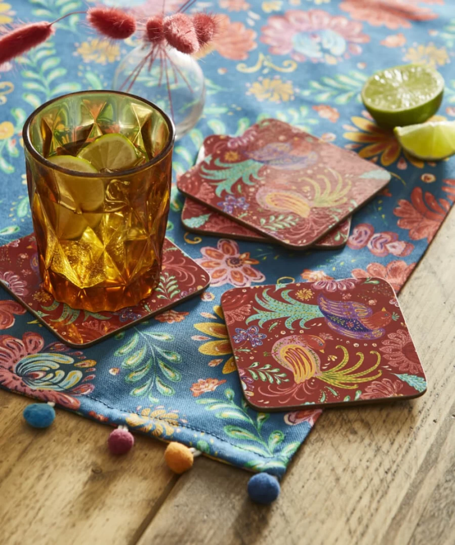 Joe Browns Set Of 4 Multi-Colored Folk Floral Coasters - Handmade Vintage Design For Home Decor