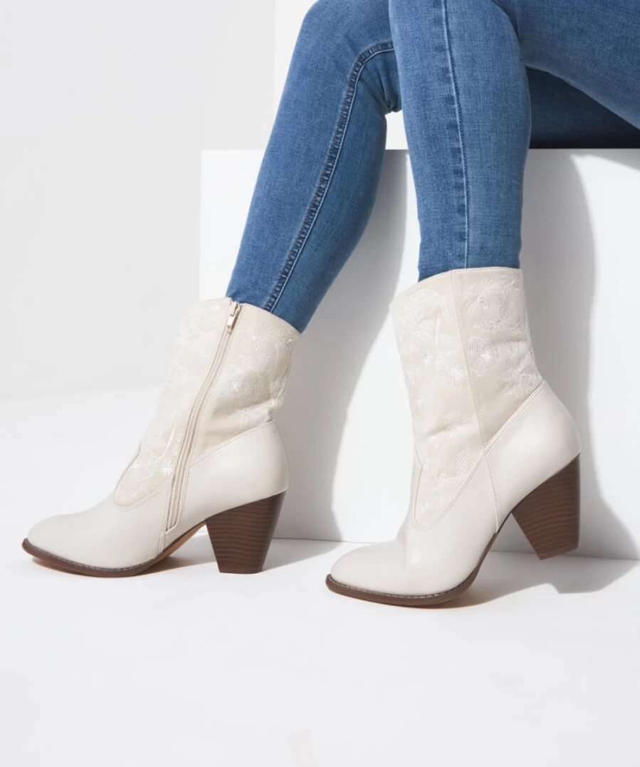 Joe Browns Women's Cream Embroidered Summer Boots - Boho Chic Ankle Booties for Warm Weather