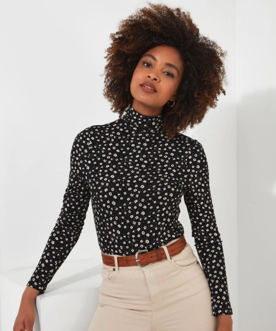 Joe Browns Women's Black Ditsy Floral Roll Neck Blouse