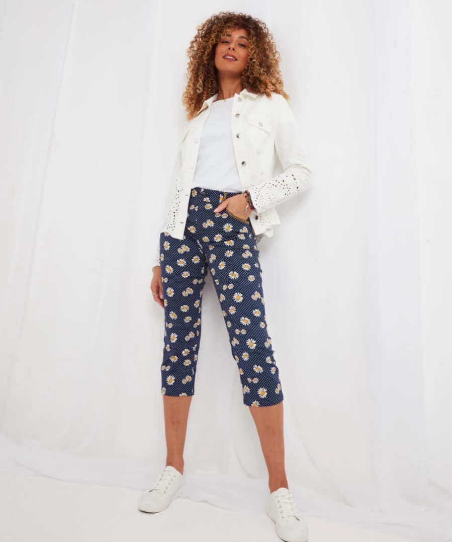 Joe Browns Women's Blue Dots And Daisies Crop Trousers - Floral Print Casual Pants