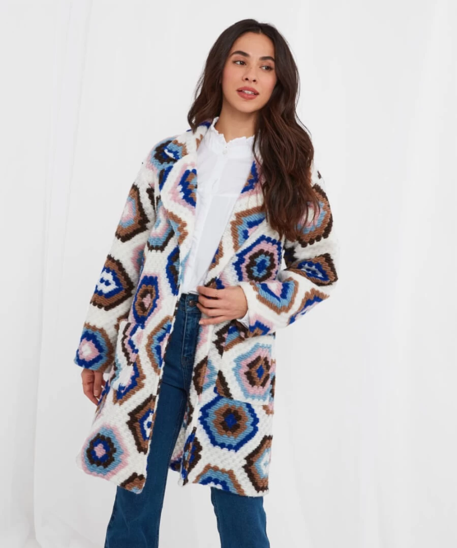 Joe Browns Women's Crochet Vibes Coat in Multi Color - Boho Chic Knitted Outerwear