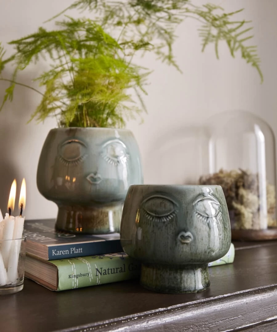 Joe Browns Green Reactive Glaze Face Planters Set of 2 - Handcrafted Ceramic Home Decor for Women