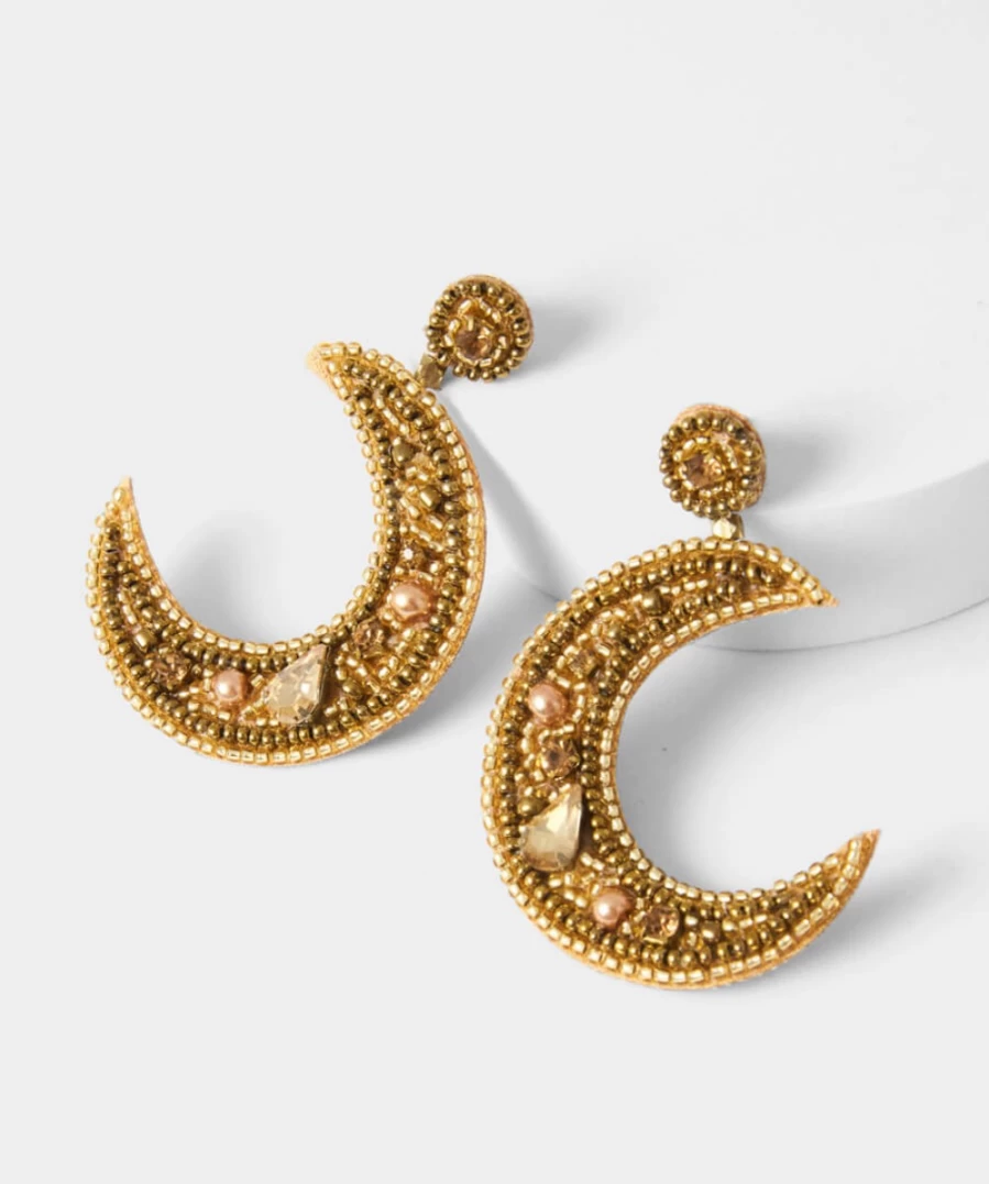 Joe Browns Gold Hand Beaded Moon Earrings for Women - Elegant Crescent Dangle Earrings