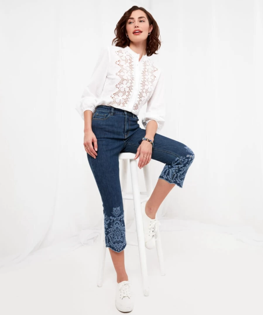 Joe Browns Women's Blue Carla Cutwork Crop Jeans - Distressed Denim Shorts for Women