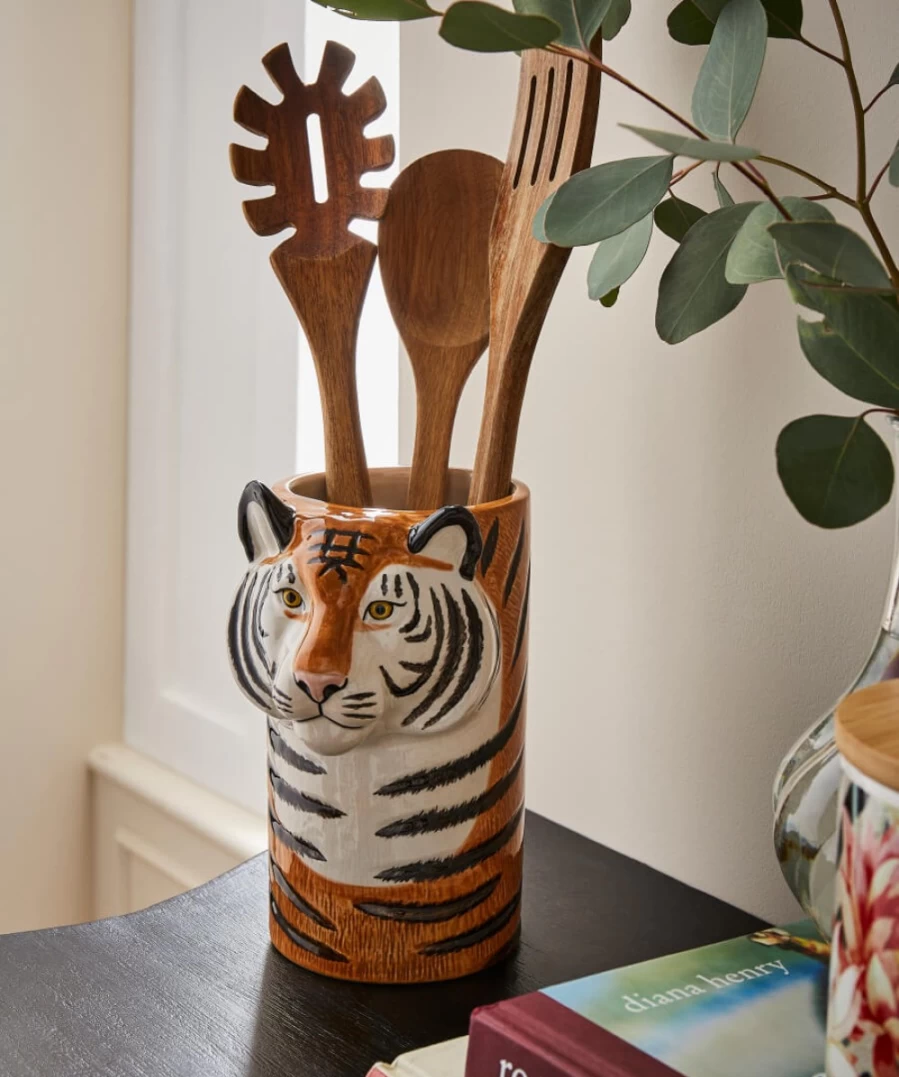 Joe Browns Multi-Colored Quail Ceramics Tiger Design Utensil Jar