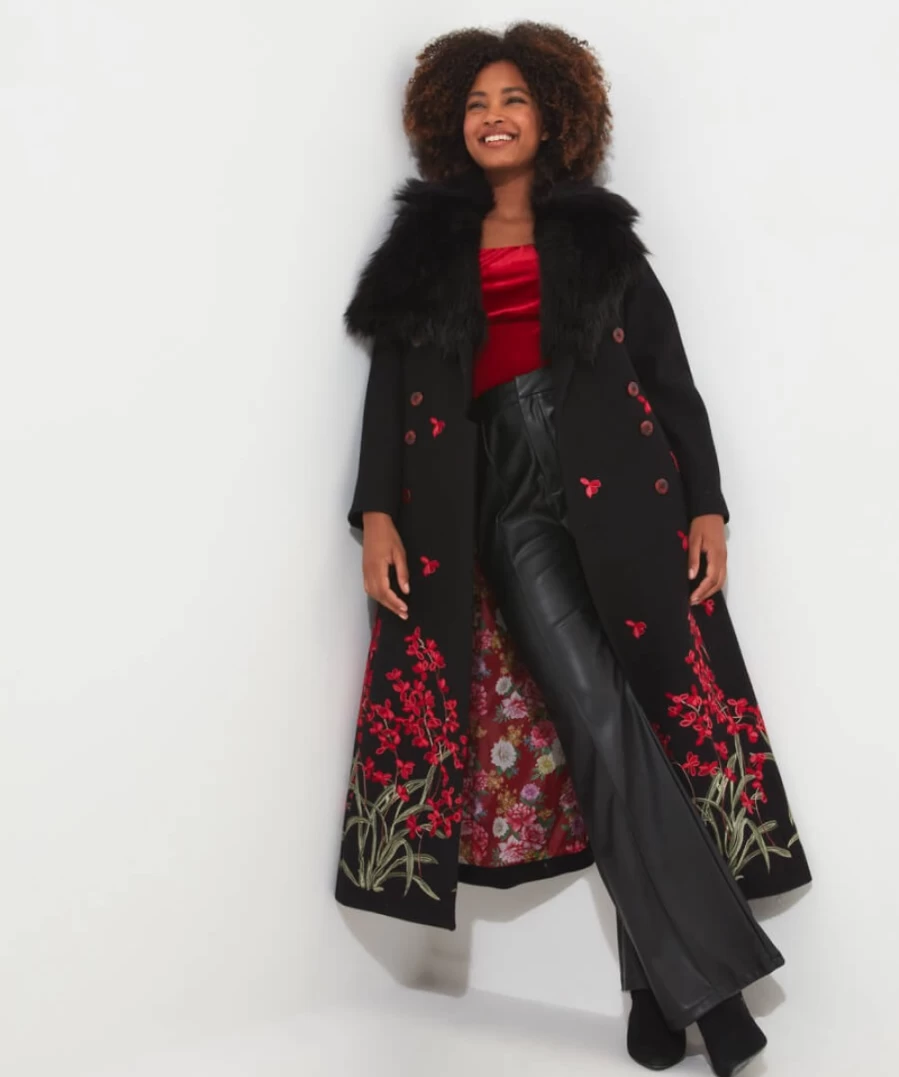 Joe Browns Women's Black Multi Floral Embroidered Boutique Coat with Red Roses