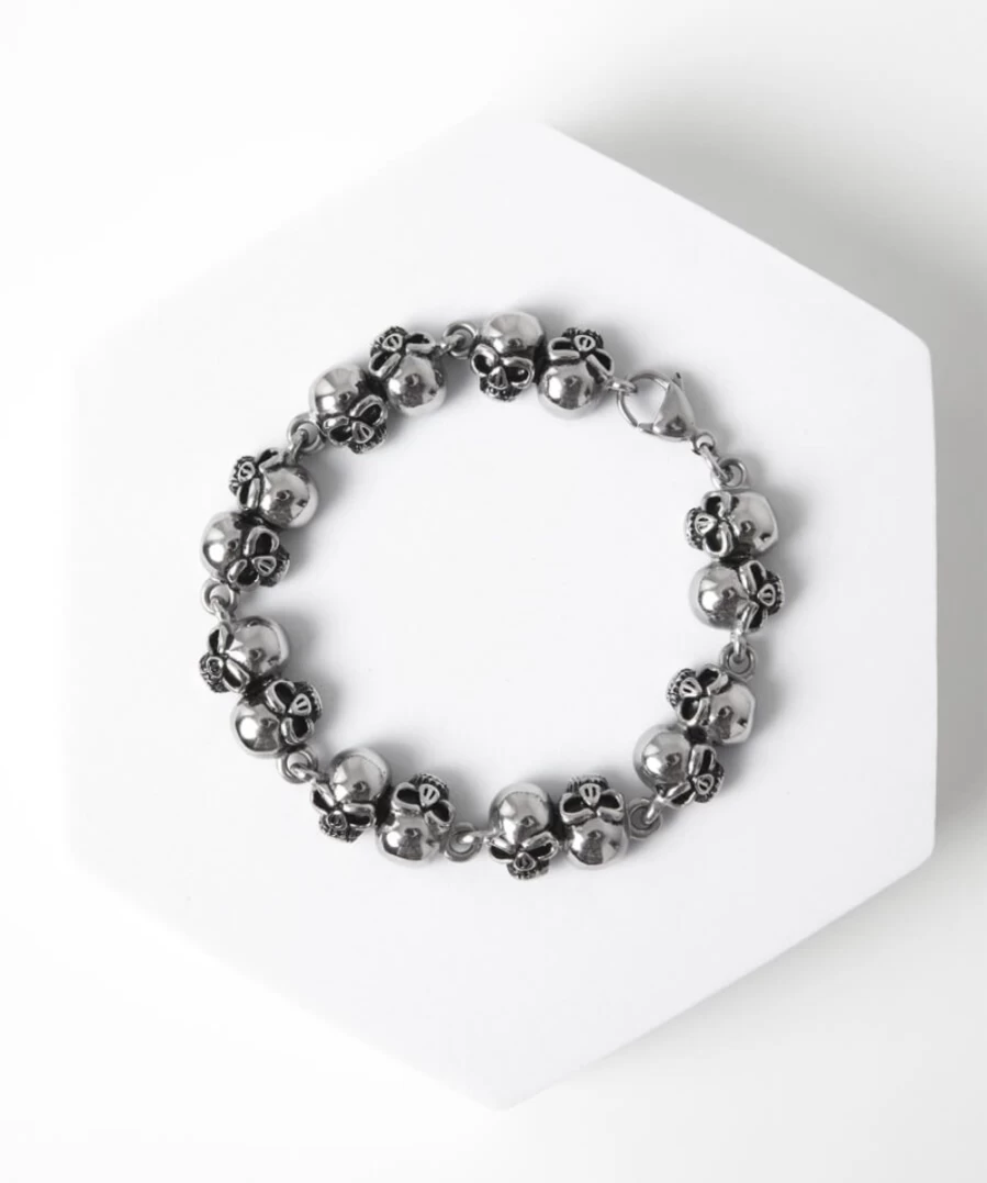 Joe Browns Men's Dark Silver Stainless Steel Skull Bracelet - Gothic Punk Style Row Bangle