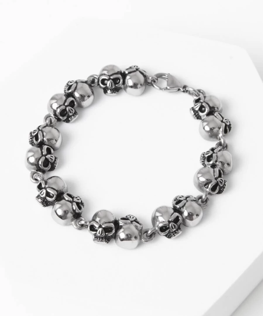 Joe Browns Men's Dark Silver Stainless Steel Skull Bracelet - Gothic Punk Style Row Bangle