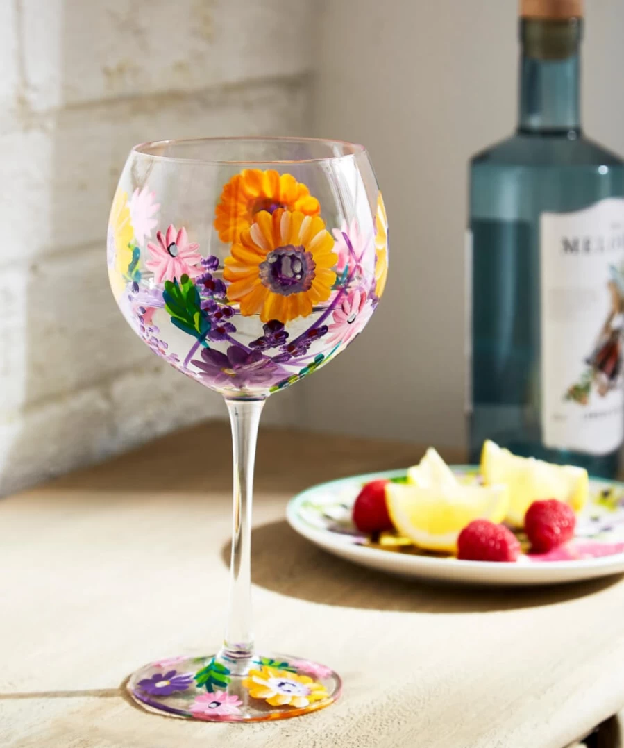 Joe Browns Floral Hand Painted Gin Glass - Multi Colored Unique Design
