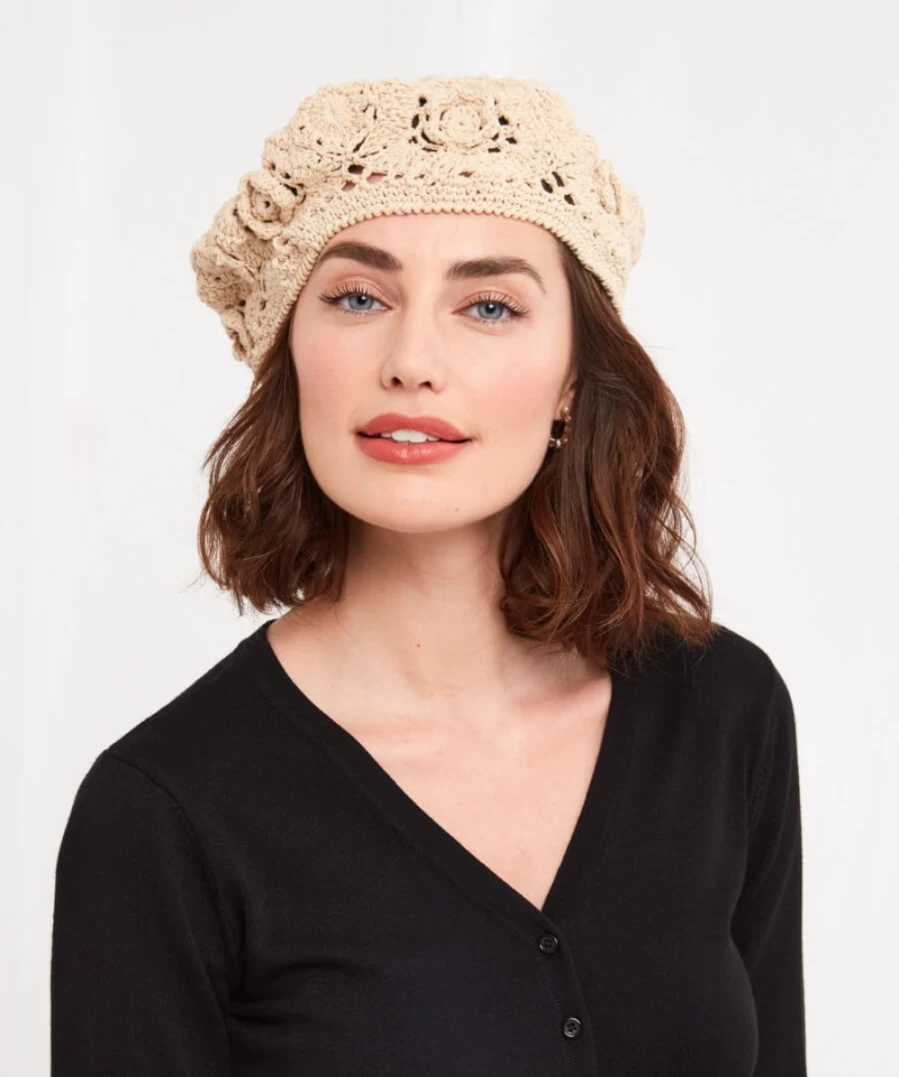Joe Browns Women's Cream Sunset Crochet Beret - Elegant Handmade Knit Hat