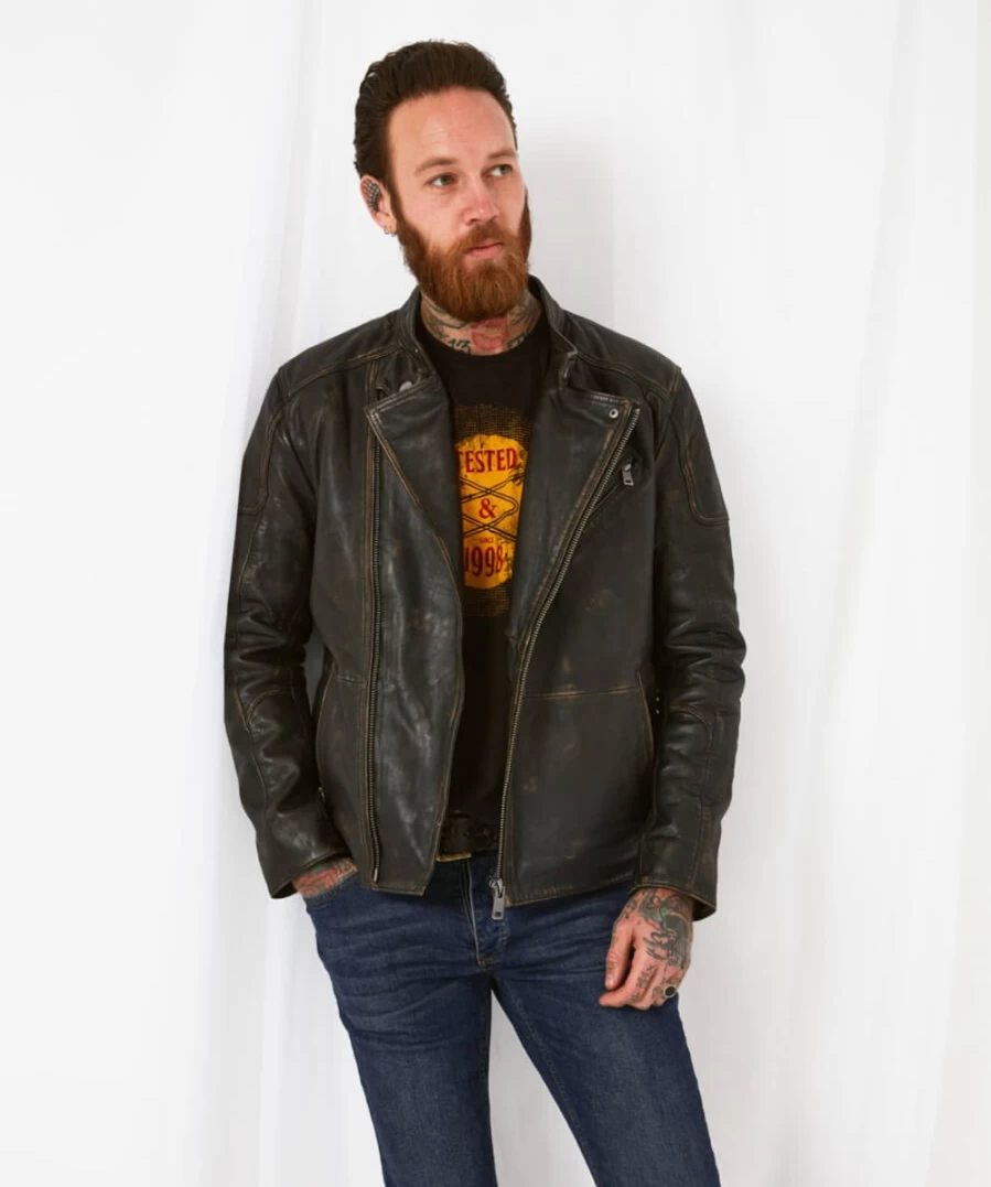 Joe Browns Men's Black Vintage Leather Jacket – Classic Retro Biker Style