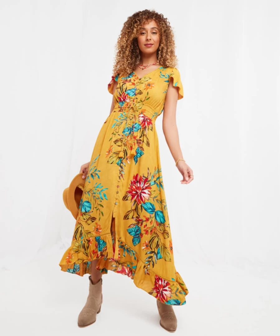 Joe Browns Women's Yellow Tropical Floral Dress - Summer Floral Print Sundress