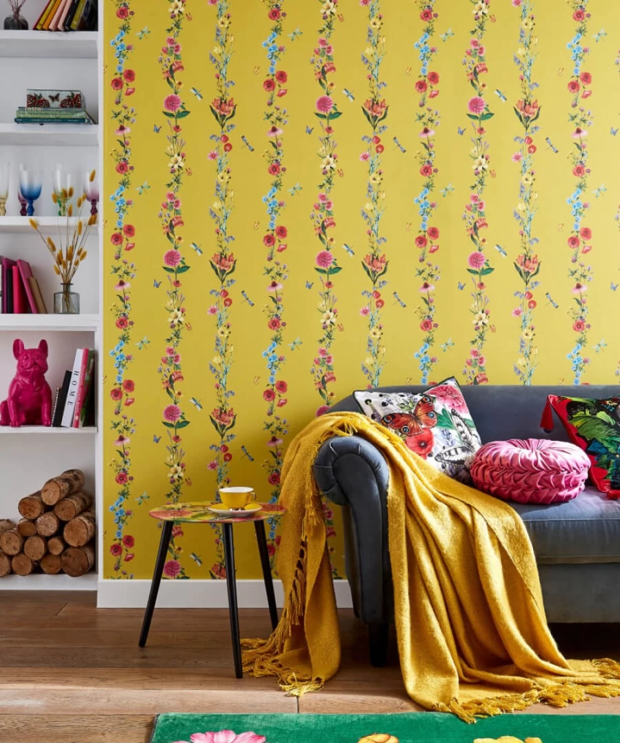 "Joe Browns Blue Multi Stripe Floral Wallpaper – Modern Botanical Pattern Design"