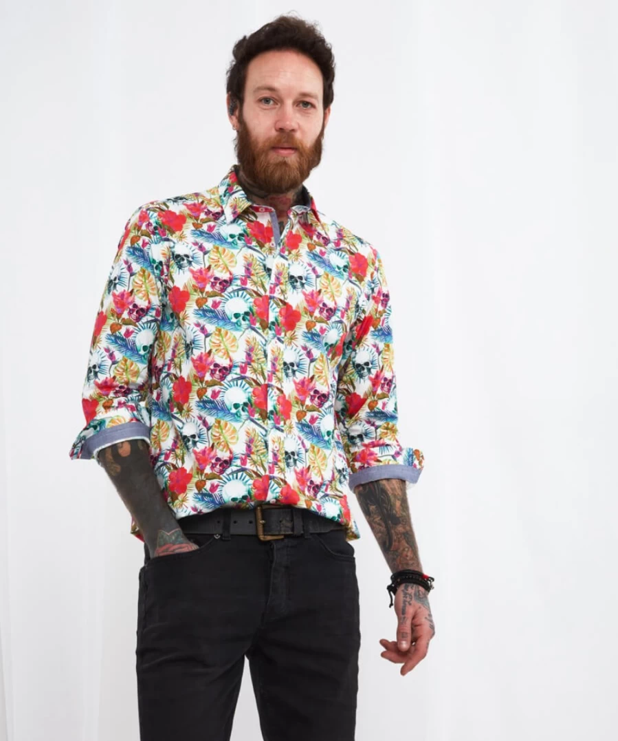 Joe Browns Men's White Skull Print Shirt - Stylish Gothic Casual Top
