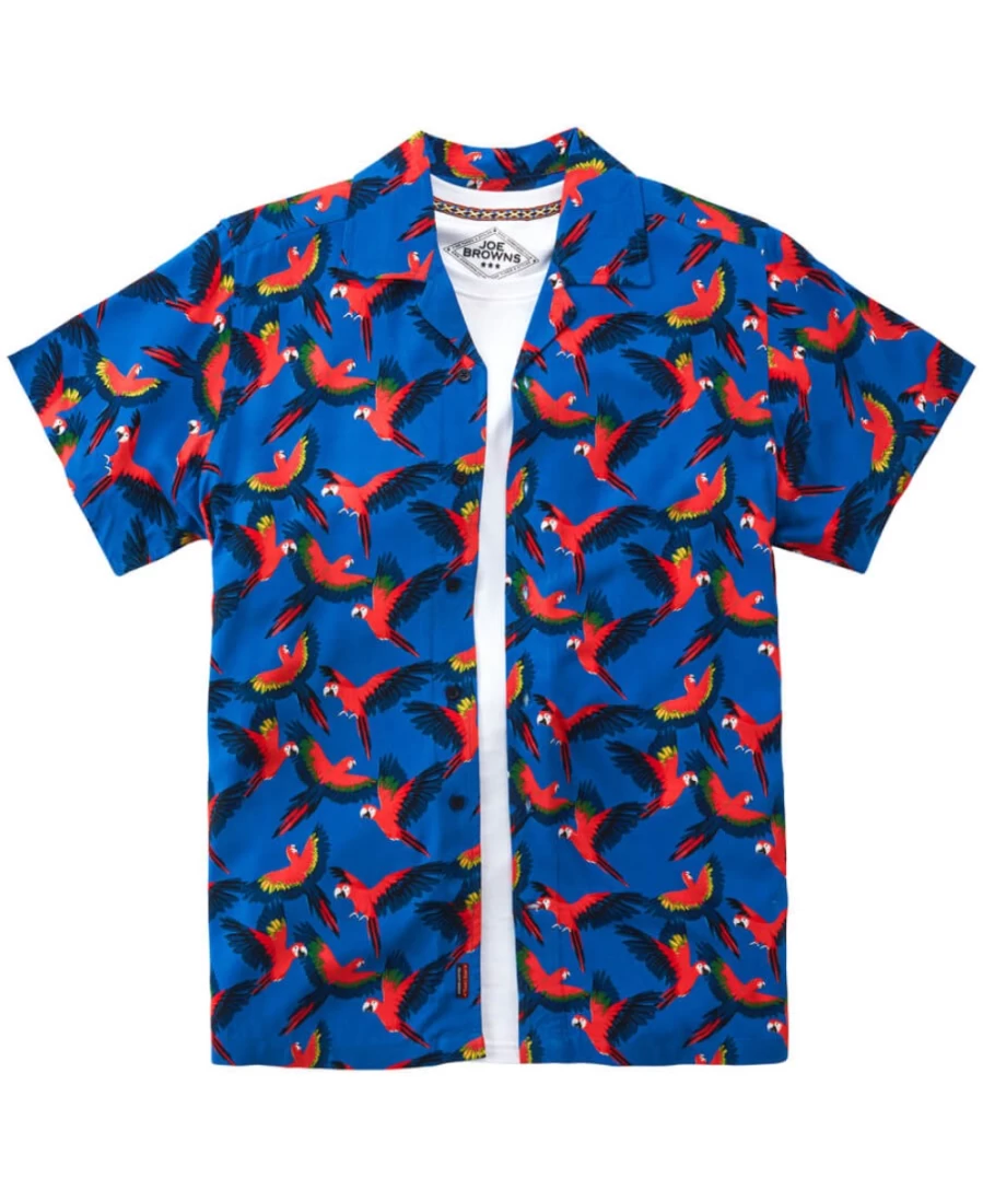Joe Browns Men's Parrot Paradise Shirt - Tropical Blue & Red Hawaiian Aloha Shirt for Men