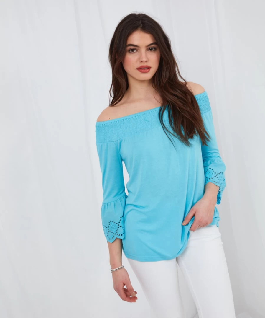 Joe Browns Women's Aqua Bardot Broderie Embroidered Top