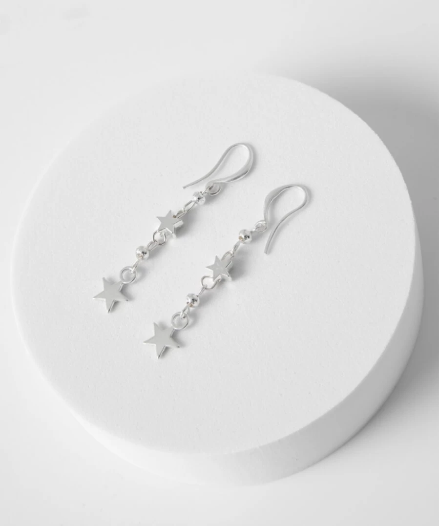 Joe Browns Silver Double Star Drop Earrings for Women - Elegant Charm Dangle Earrings