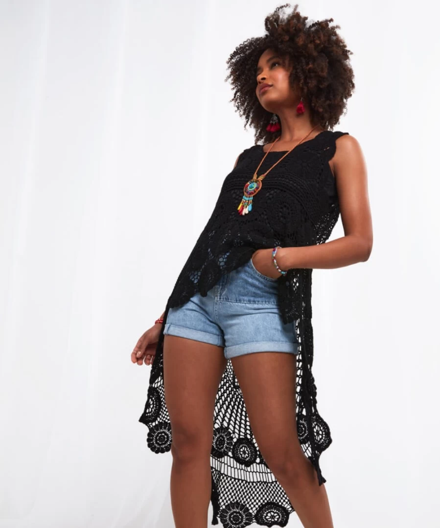 Joe Browns Women's Black High-Low Crochet Summer Top - Boho Chic Style