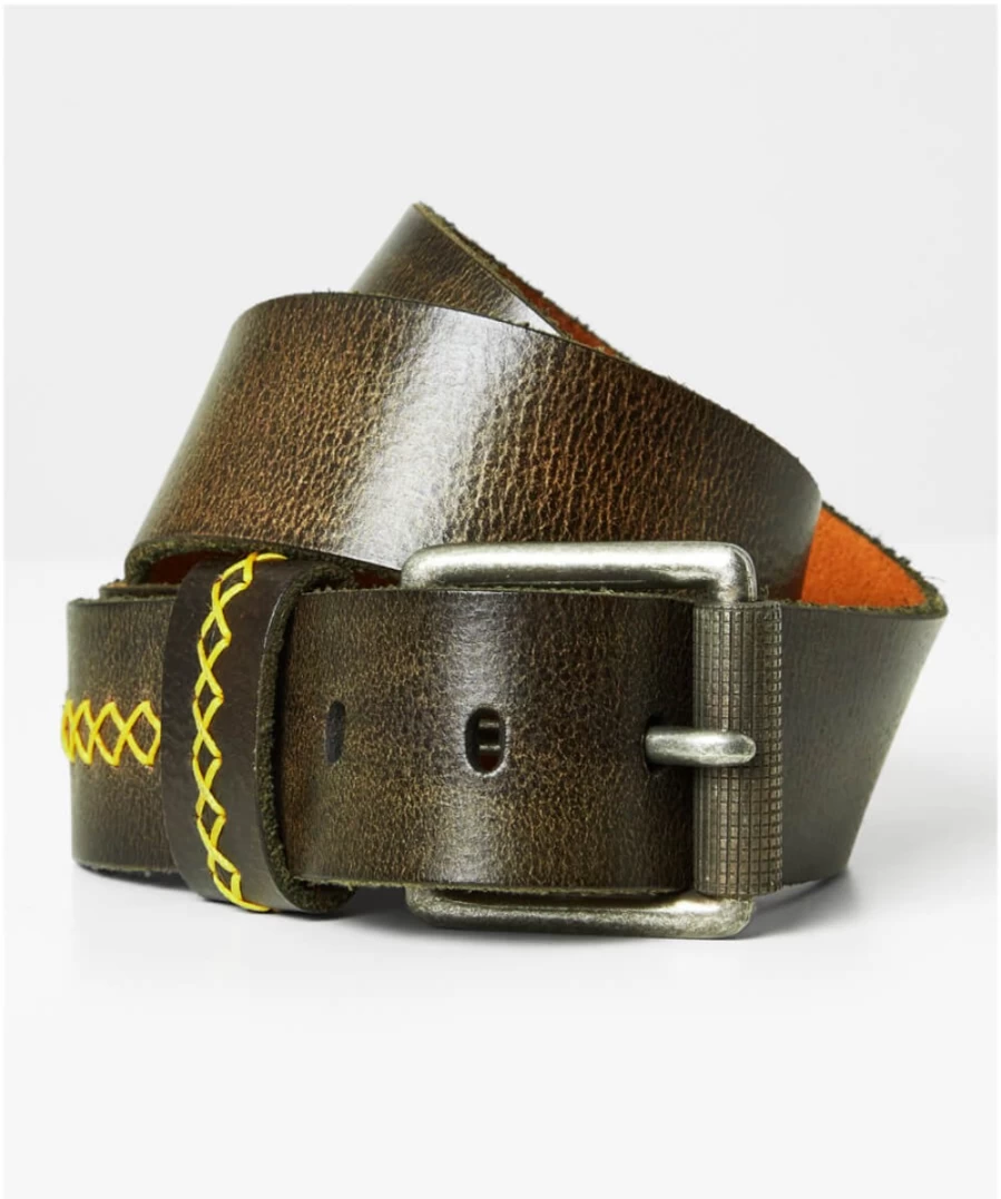 Joe Browns Men's No Quarter Distressed Leather Belt in Dark Olive - Vintage Style Casual Wear