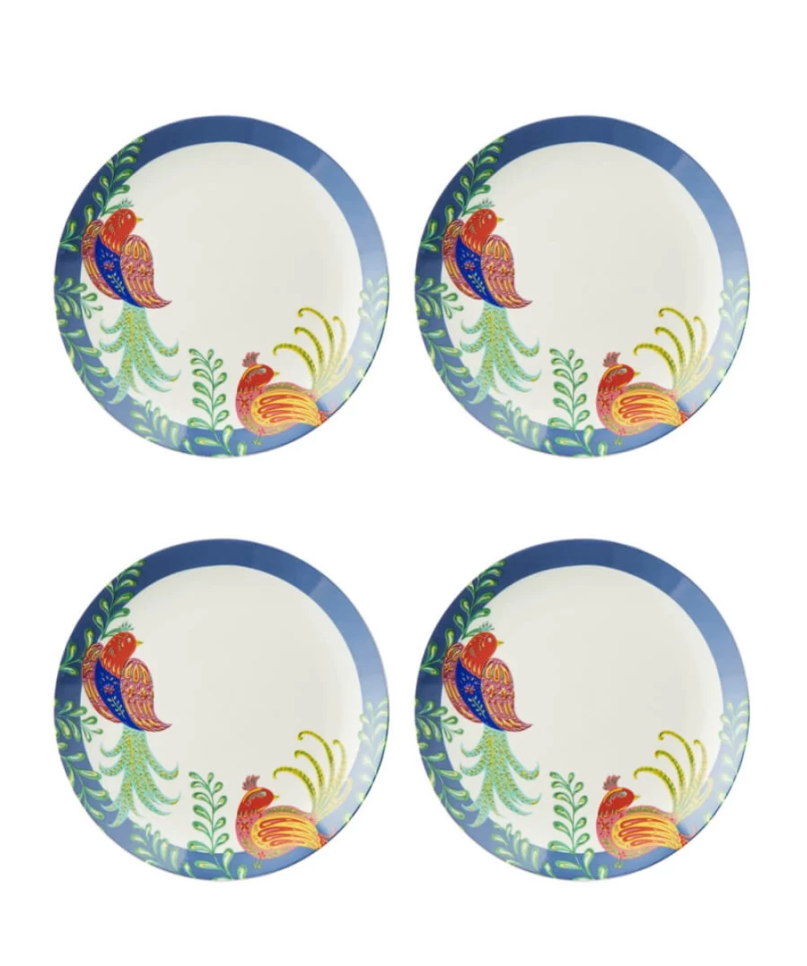 Joe Browns Set Of 4 Multi-Colored Folk Floral Dinner Plates, Floral Design Tableware