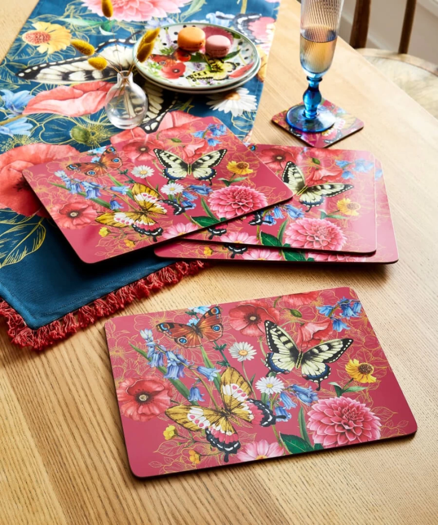 Joe Browns Set Of 4 Multi-Colored Butterfly Design Placemats For Dining Table Decor
