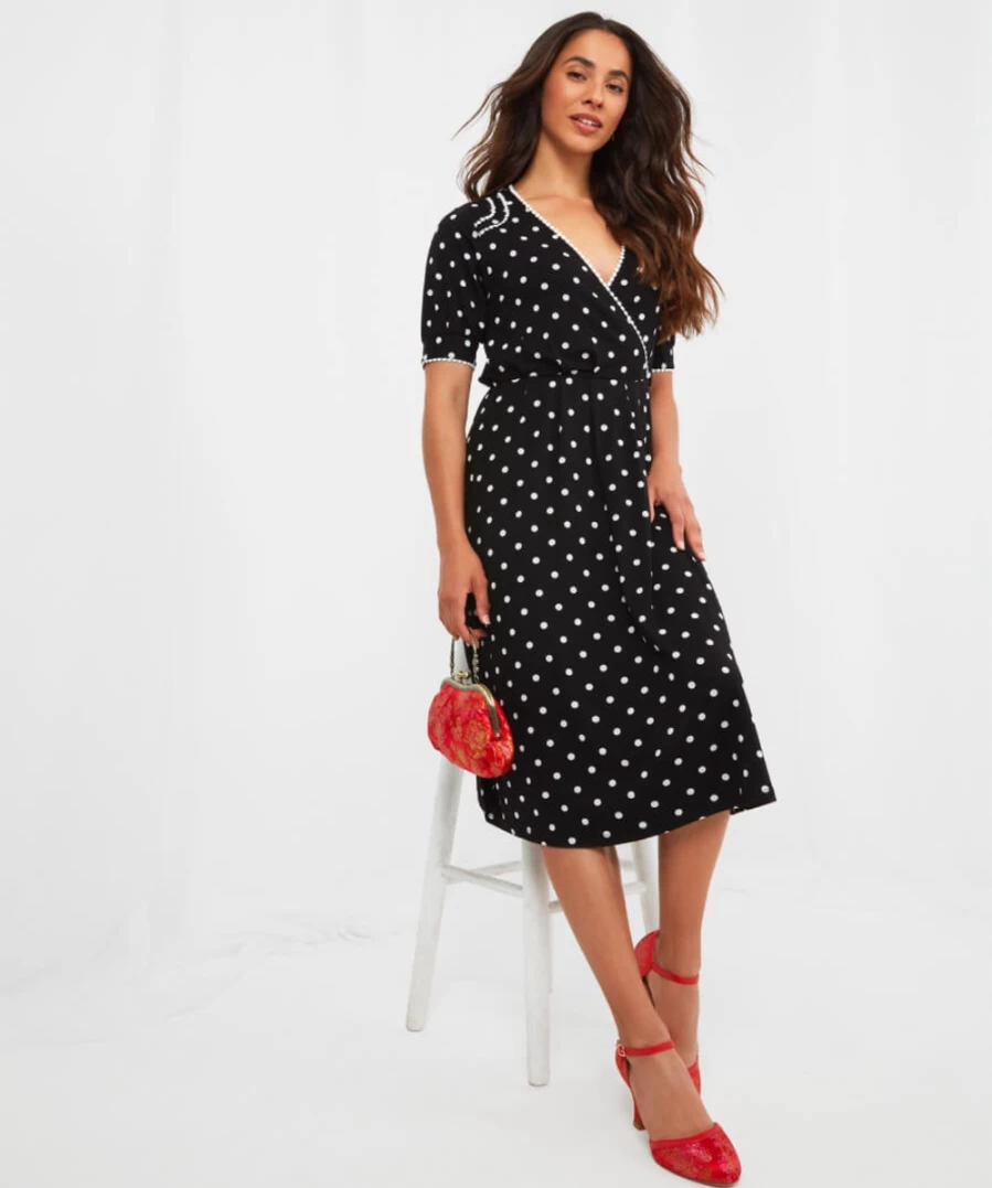 Joe Browns Women's Vintage Black Polka Dot Dress - Retro Floral Print Tea Length Swing Dress