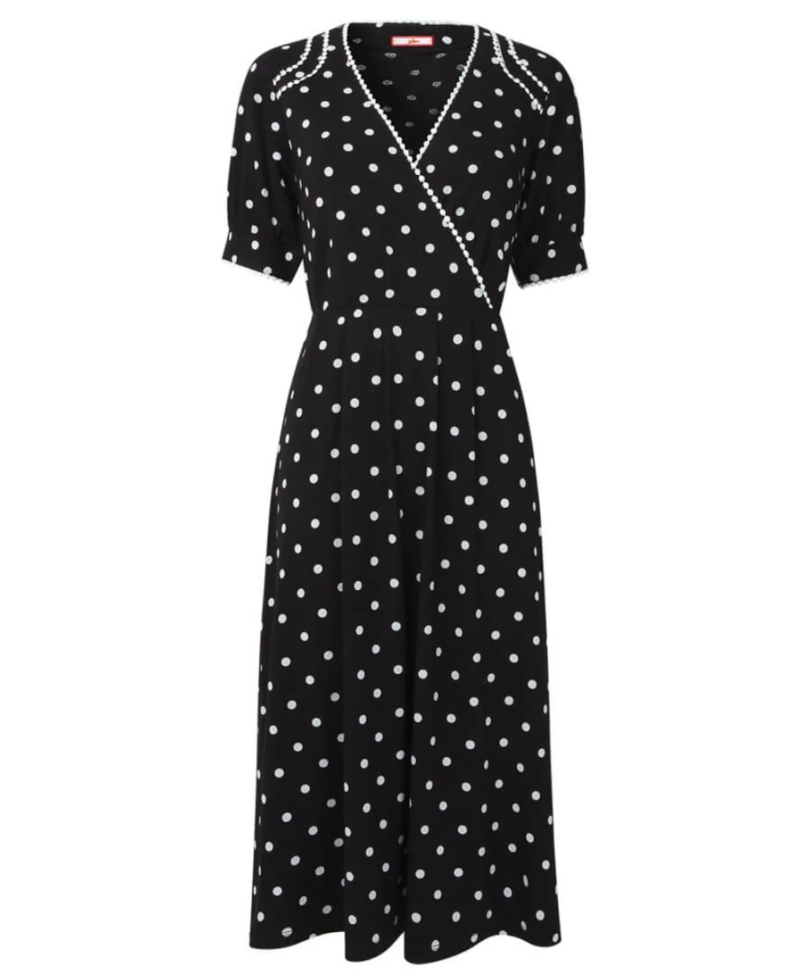 Joe Browns Women's Vintage Black Polka Dot Dress - Retro Floral Print Tea Length Swing Dress