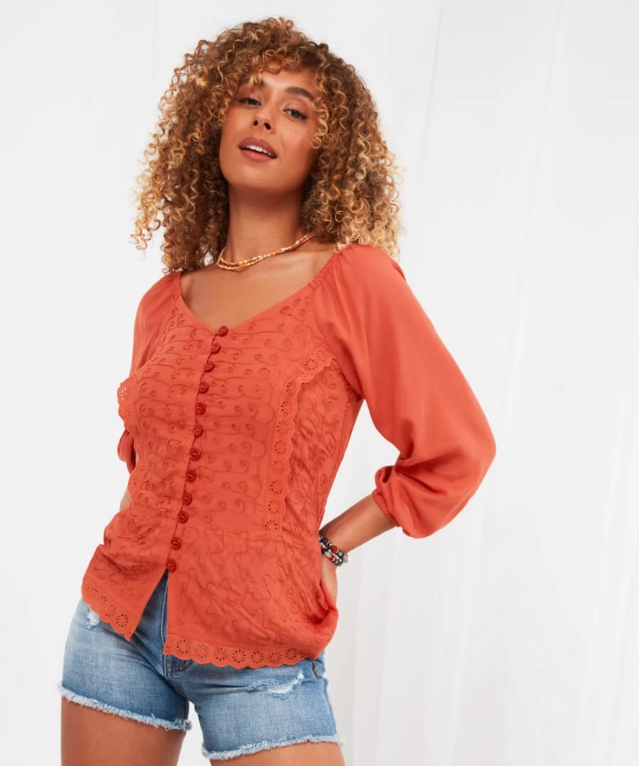 Joe Browns Women's Orange Embroidered Elegance Top - Stylish Floral Design Casual Blouse
