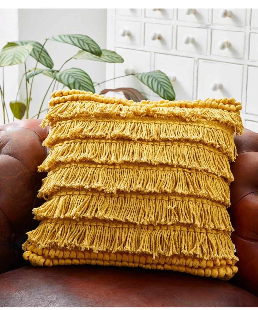 Joe Browns Ochre Cotton Fringe Cushion - Bohemian Decorative Throw Pillow